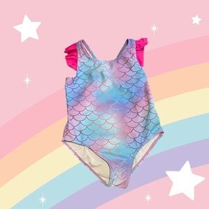 Mermaid Girls Swimsuit Metallic shaped scales w/ Pink Ruffle Straps!!!  Size 5Y